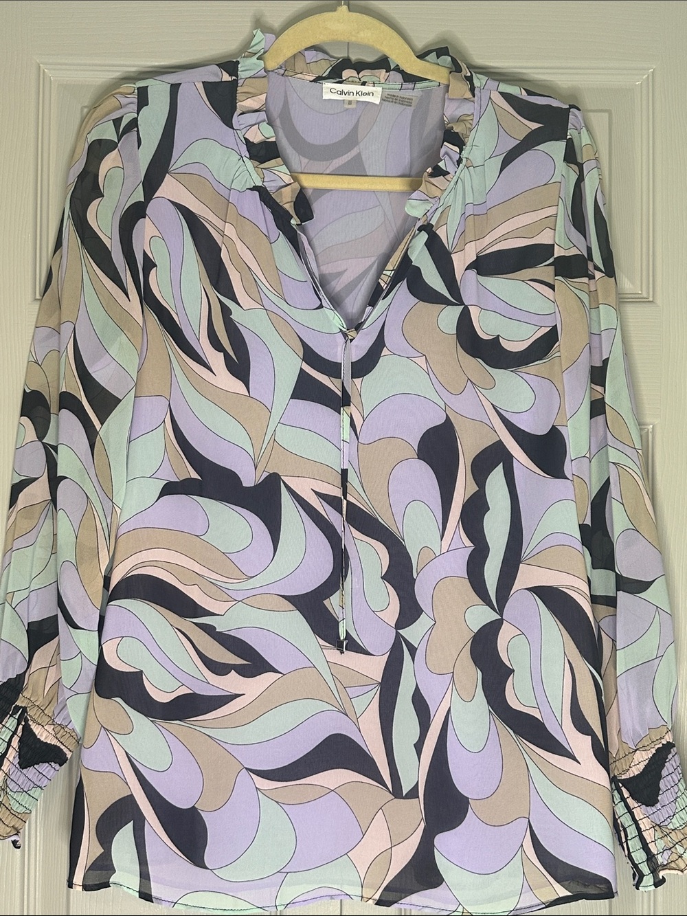 Calvin Klein Pastel Abstract V-Neck Ruffle Blouse